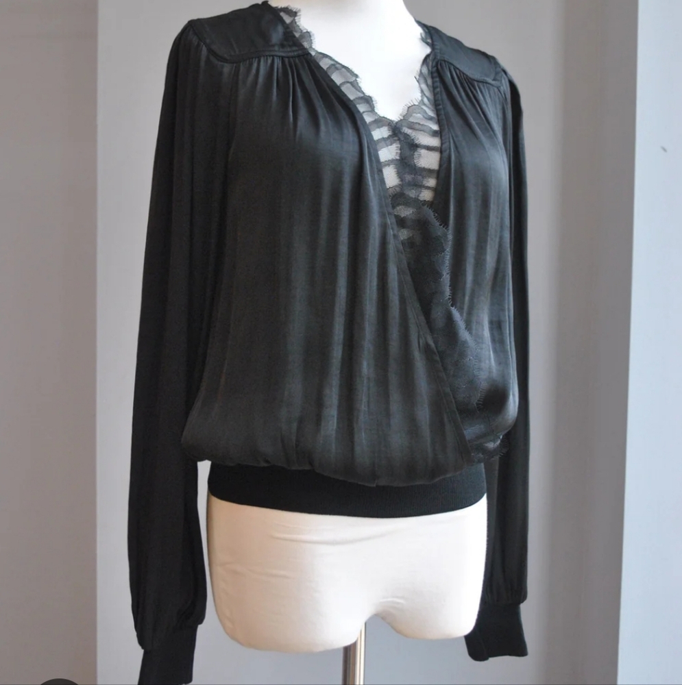 Current Air Black Silky & Lace Long Sleeve Whimsigoth Top - Picture 2 of 7